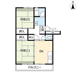 サンヴァリエ平塚13号棟 2DKの間取図画像