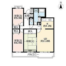 あおば山の手台ヴェルディール奈良4号棟 3LDKの間取図画像