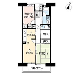 UR都市機構プロムナード矢部3号棟 2DKの間取図画像