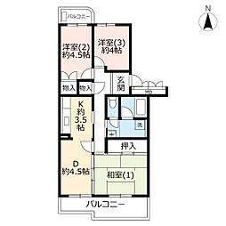 UR都市機構霧が丘グリーンタウン22-2号棟 3DKの間取図画像