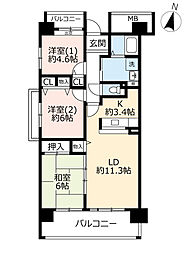 UR都市機構アーバンラフレ虹ケ丘西4号棟 3LDKの間取図画像