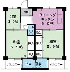 ビレッジハウス宮の前2号棟 3DKの間取図画像