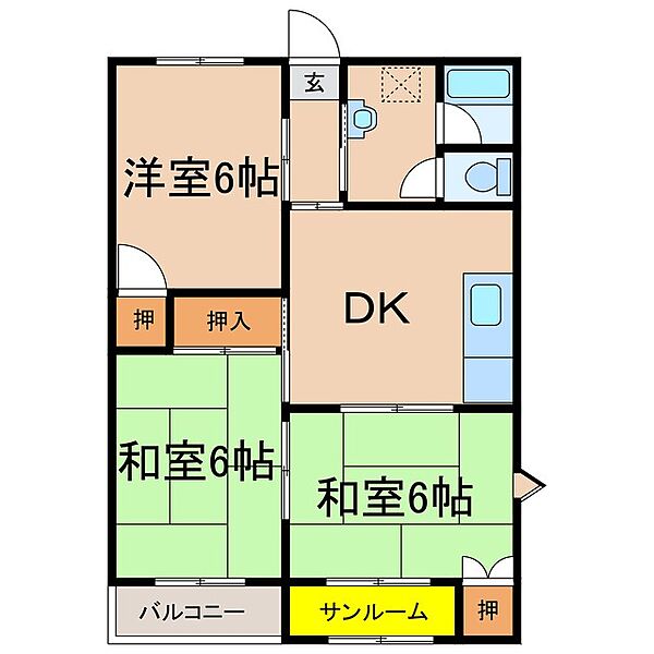 サンライズマンション寿 ｜鹿児島県鹿屋市寿3丁目(賃貸マンション3DK・1階・56.14㎡)の写真 その2