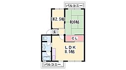 砥堀第二コーポラス 1階2LDKの間取り