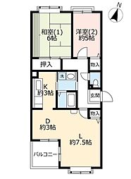 つくば・二の宮1号棟 2LDKの間取図画像