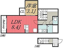 JR総武本線 四街道駅 徒歩11分の賃貸アパート 2階1LDKの間取り