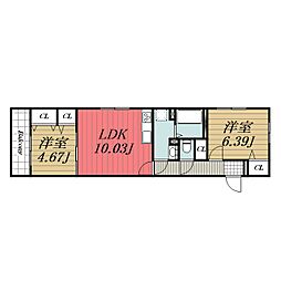 JR外房線 誉田駅 徒歩7分の賃貸マンション 2階2LDKの間取り