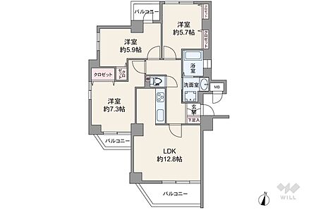 間取りは専有面積68.48平米の3LDK。3ヶ所にバルコニーが付いたセンターインのプラン。全部屋洋室仕様。洋室2部屋が2面採光。浴室にも窓があります。