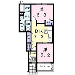 セレノ新町 1階2DKの間取り