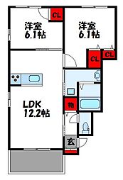 ソレイユ千鳥B 2LDKの間取図画像