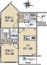 パロス駒沢 2階2DKの間取り