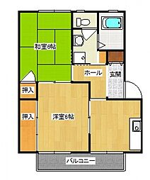 パルテールA棟 2階2DKの間取り