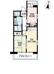 URサンヴァリエ藤井寺 5階2DKの間取り