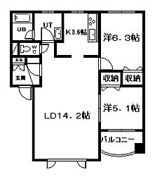医大前北幸第2ハイツ 2LDKの間取図画像