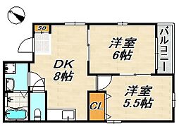 ベルトゥリー板宿イースト 2DKの間取図画像