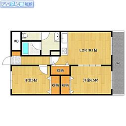 グランディオス白鳥 2LDKの間取図画像