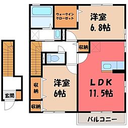 真岡鐵道 真岡駅 3.8kmの賃貸アパート 2階2LDKの間取り