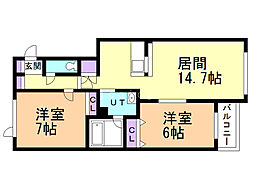 リッチオーク屯田B 2LDKの間取図画像