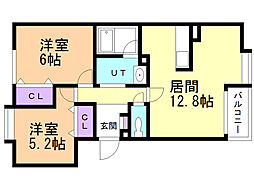 クリスタルリバー壱番館 2LDKの間取図画像