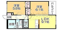 Barbatella久留米南 2LDKの間取図画像