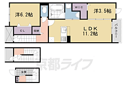 JR奈良線 木幡駅 徒歩1分の賃貸アパート 3階2LDKの間取り