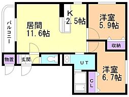 北栄マンション34 2LDKの間取図画像