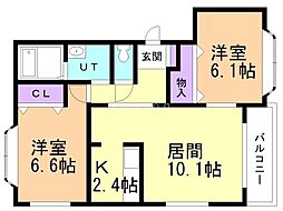 グランデール壱番館 2LDKの間取図画像