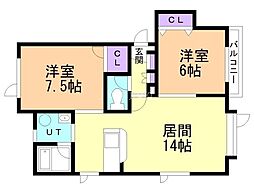 カームハウス1 2LDKの間取図画像