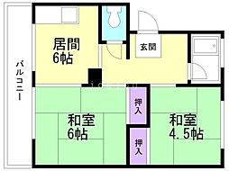 朝日ハイツ2号棟 2DKの間取図画像