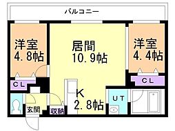札幌市豊平区中の島一条2丁目マンション 2LDKの間取図画像