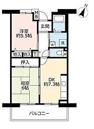 UR都市機構グリーンヒルズ御影7号棟 2DKの間取図画像