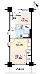 ハートフル湊川 2DKの間取図画像