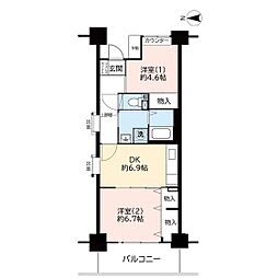 ハートフル湊川 2DKの間取図画像