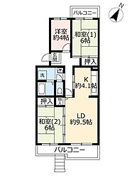 UR都市機構鹿の子台北ハイツ2号棟 3LDKの間取図画像