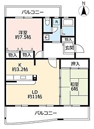 UR都市機構東山台ハイツ202号棟 2LDKの間取図画像