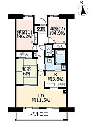 UR都市機構ルゼフィール立花2号棟 3LDKの間取図画像