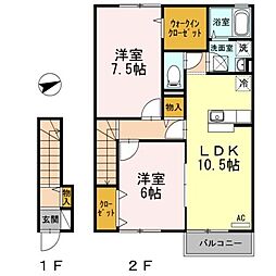 JR山陽本線 東福山駅 3.9kmの賃貸アパート 2階2LDKの間取り