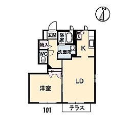 JR福塩線 道上駅 徒歩10分の賃貸アパート 1階1LDKの間取り