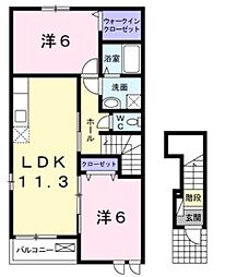 JR山陽本線 東福山駅 3.7kmの賃貸アパート 2階2LDKの間取り