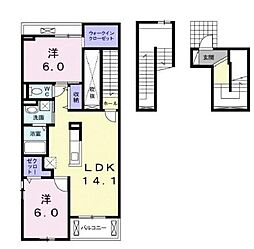 JR福塩線 万能倉駅 徒歩5分の賃貸アパート 3階2LDKの間取り