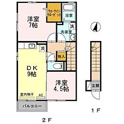 JR福塩線 下川辺駅 8.7kmの賃貸アパート 2階2DKの間取り