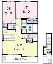 JR福塩線 万能倉駅 徒歩21分の賃貸アパート 2階2LDKの間取り