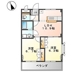 ルーエンビレッジＢ 2階2LDKの間取り