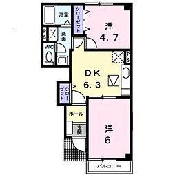 クレールコートB 2DKの間取図画像