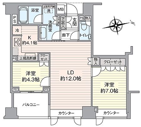 全居室南東向き2LDK、専有面積:60.51m2、バルコニー面積:5.50m2、廊下の少ない合理的な間取り