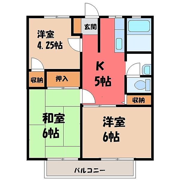 福正ハイツ A ｜栃木県宇都宮市鶴田町(賃貸アパート3K・1階・47.54㎡)の写真 その2