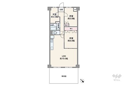 間取りは専有面積72.54平米の3LDK。LDK約19.0帖のプラン。複数方向に採光部があり、バルコニー面積は8.88平米で全室洋室仕様！専用庭付き！リフォーム履歴あり！お気軽にお問い合わせください！