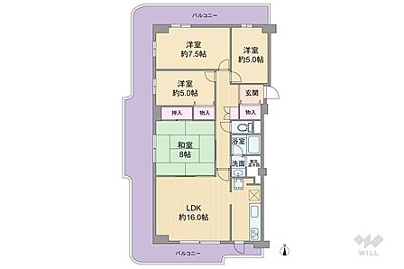 間取りは専有面積91.19平米の4LDK。コの字型バルコニーの開放的なプラン。部屋の窓が共用廊下に面していないため、プライバシーを保ちやすい造り。洗濯機置場はキッチン横に設けられています。