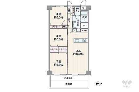 間取りは専有面積71.5平米の3LDK。専用庭付き、LDK約16.8帖の縦長リビングのプラン。バルコニー面積は8.13平米です。