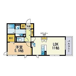 サンフィットハイツ11号館 1LDKの間取図画像